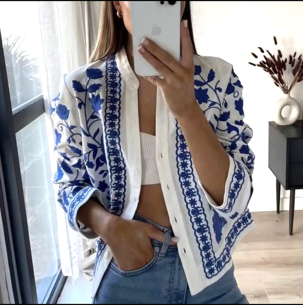 Floral Embroidered Open Front Shirt - WhiteBlue - 3
