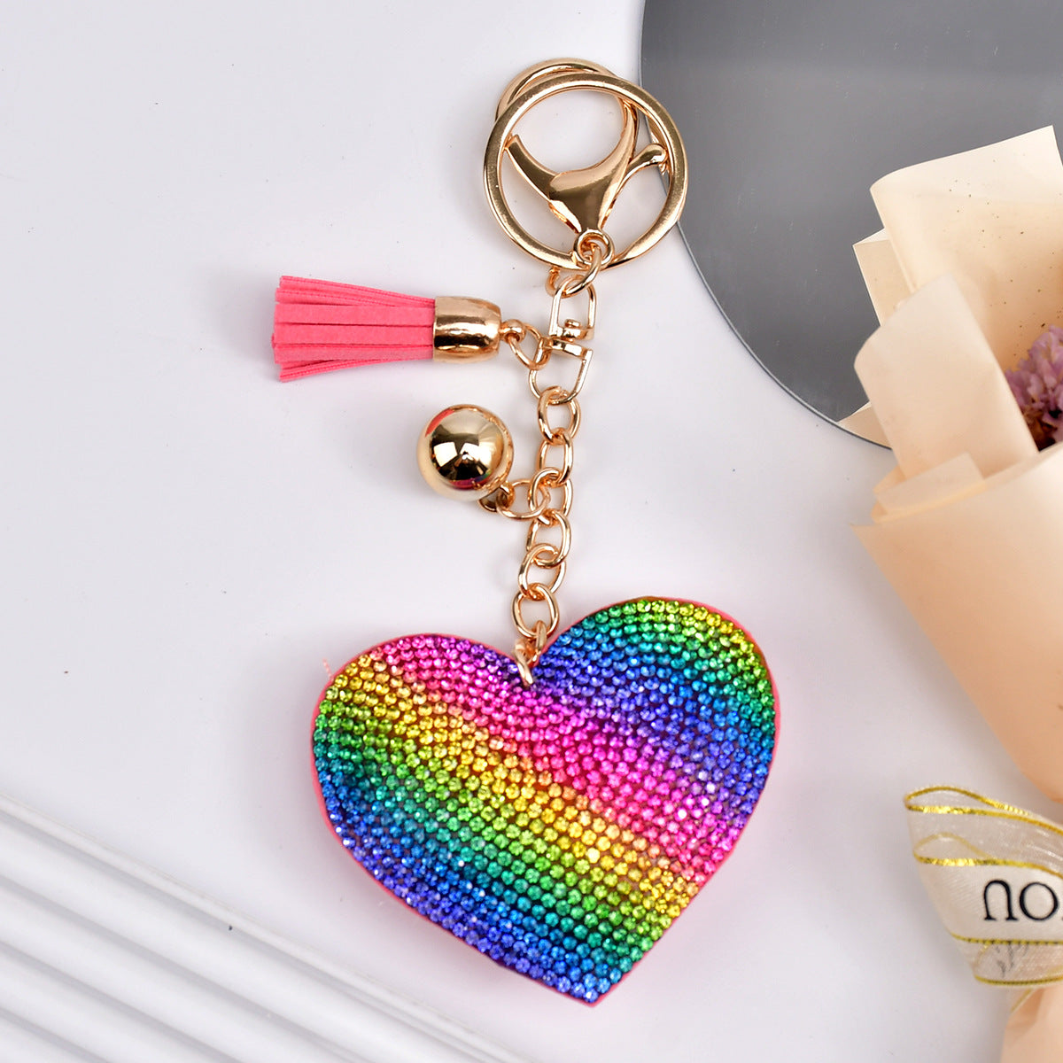 Crystal Pave Heart Bag Charm Keychain - Gold
