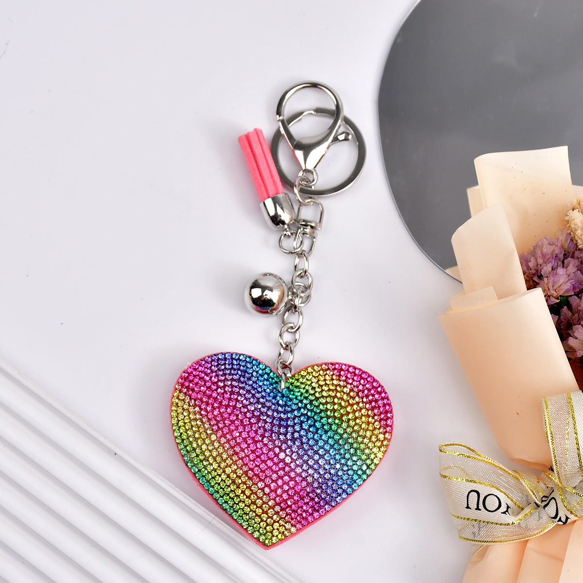 Crystal Pave Heart Bag Charm Keychain - Silver