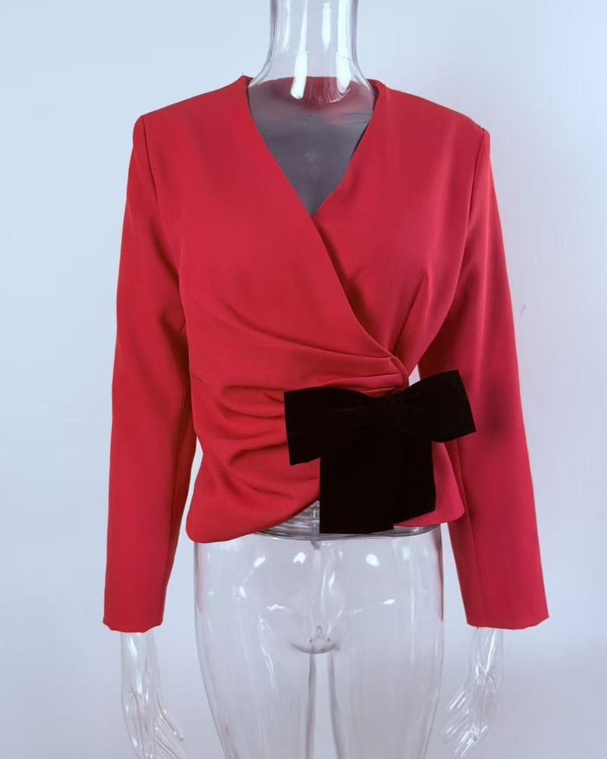 Velvet Bow Wrap Front Cropped Jacket - Red - 1