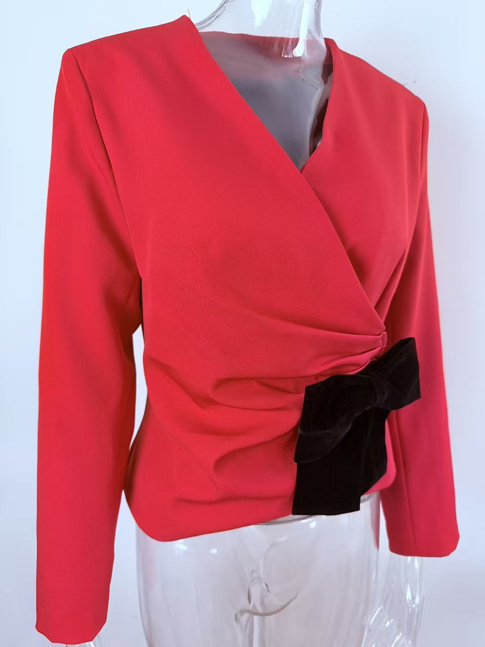 Velvet Bow Wrap Front Cropped Jacket - Red - 3