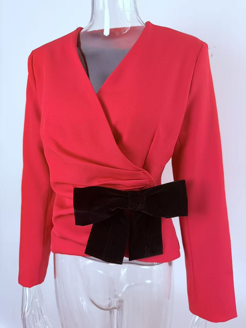 Velvet Bow Wrap Front Cropped Jacket - Red - 4