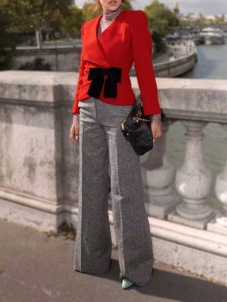 Velvet Bow Wrap Front Cropped Jacket - Red - 6