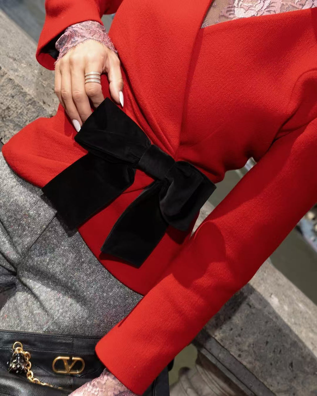 Velvet Bow Wrap Front Cropped Jacket - Red - 7