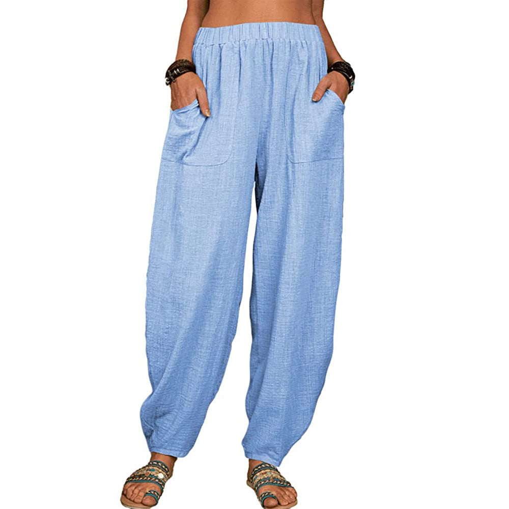 Linen Blend Harem Pants With Pockets - Blue