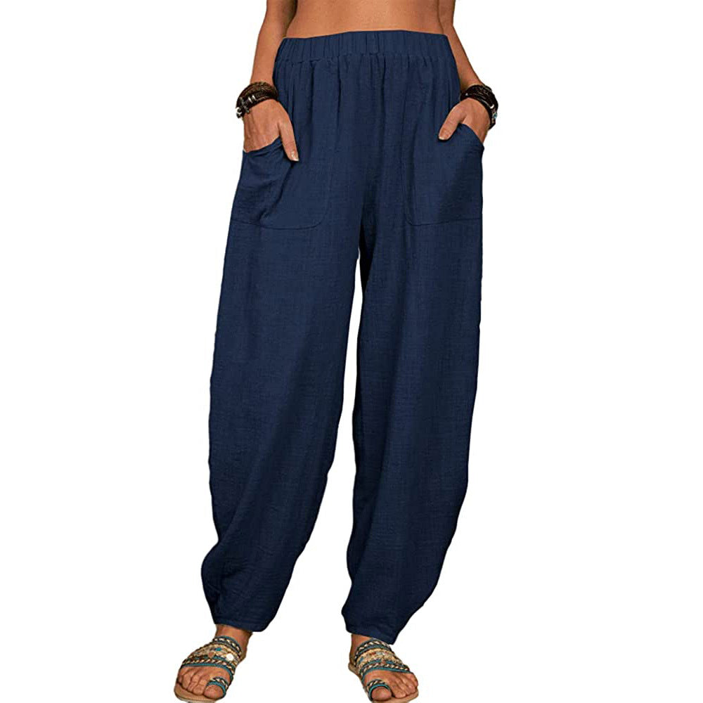 Linen Blend Harem Pants With Pockets - Dark blue