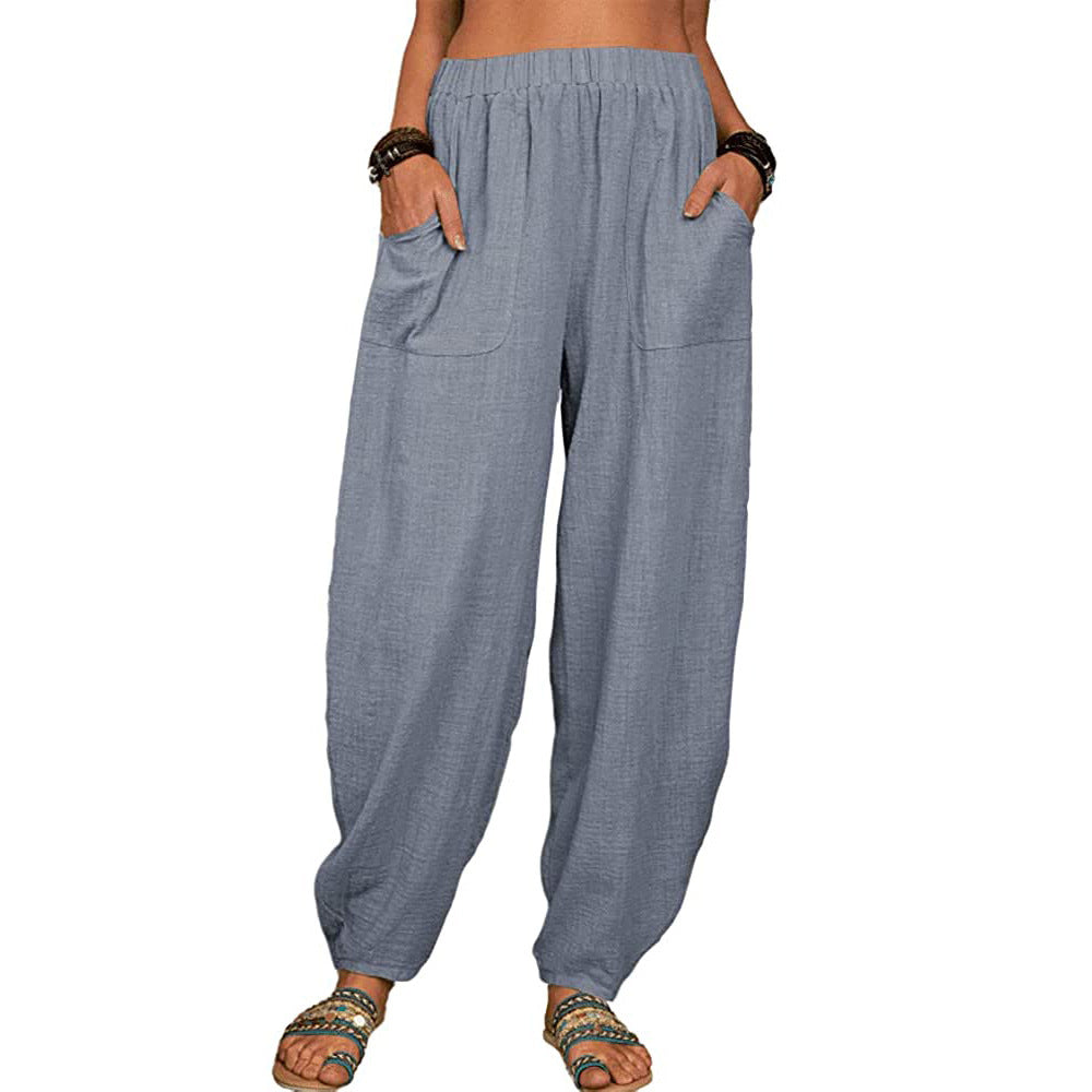 Linen Blend Harem Pants With Pockets - Gray