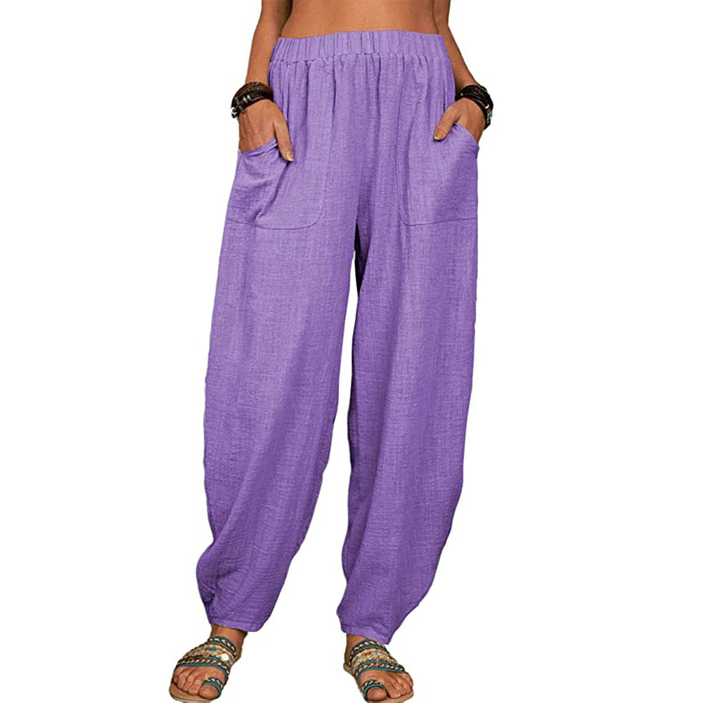 Linen Blend Harem Pants With Pockets - Purple