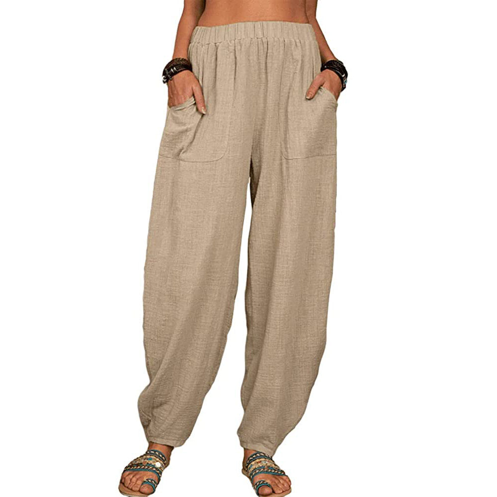 Linen Blend Harem Pants With Pockets - khaki