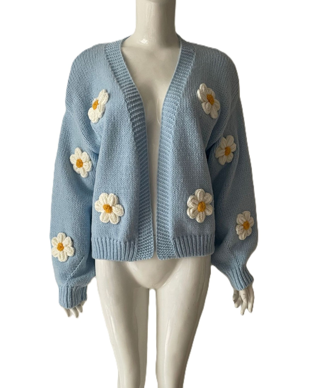 Daisy Applique Drop Shoulder Knit Cardigan - Blue