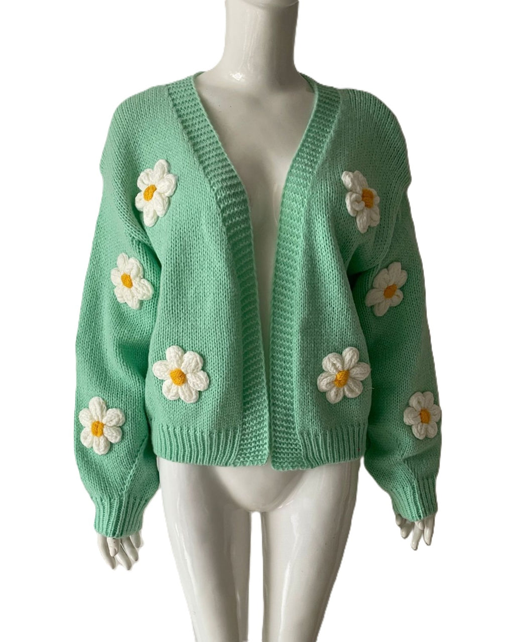 Daisy Applique Drop Shoulder Knit Cardigan - Green