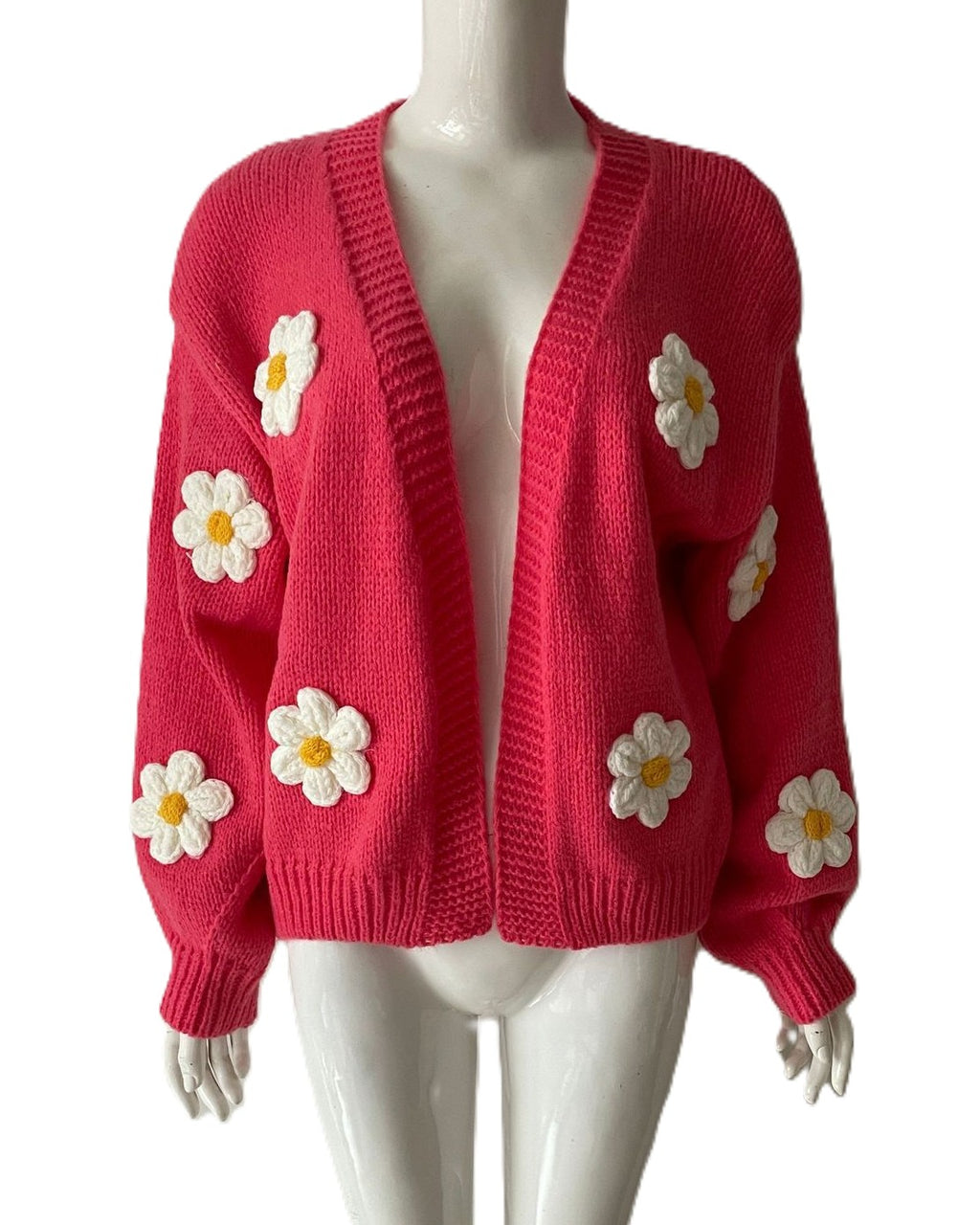 Daisy Applique Drop Shoulder Knit Cardigan - Red