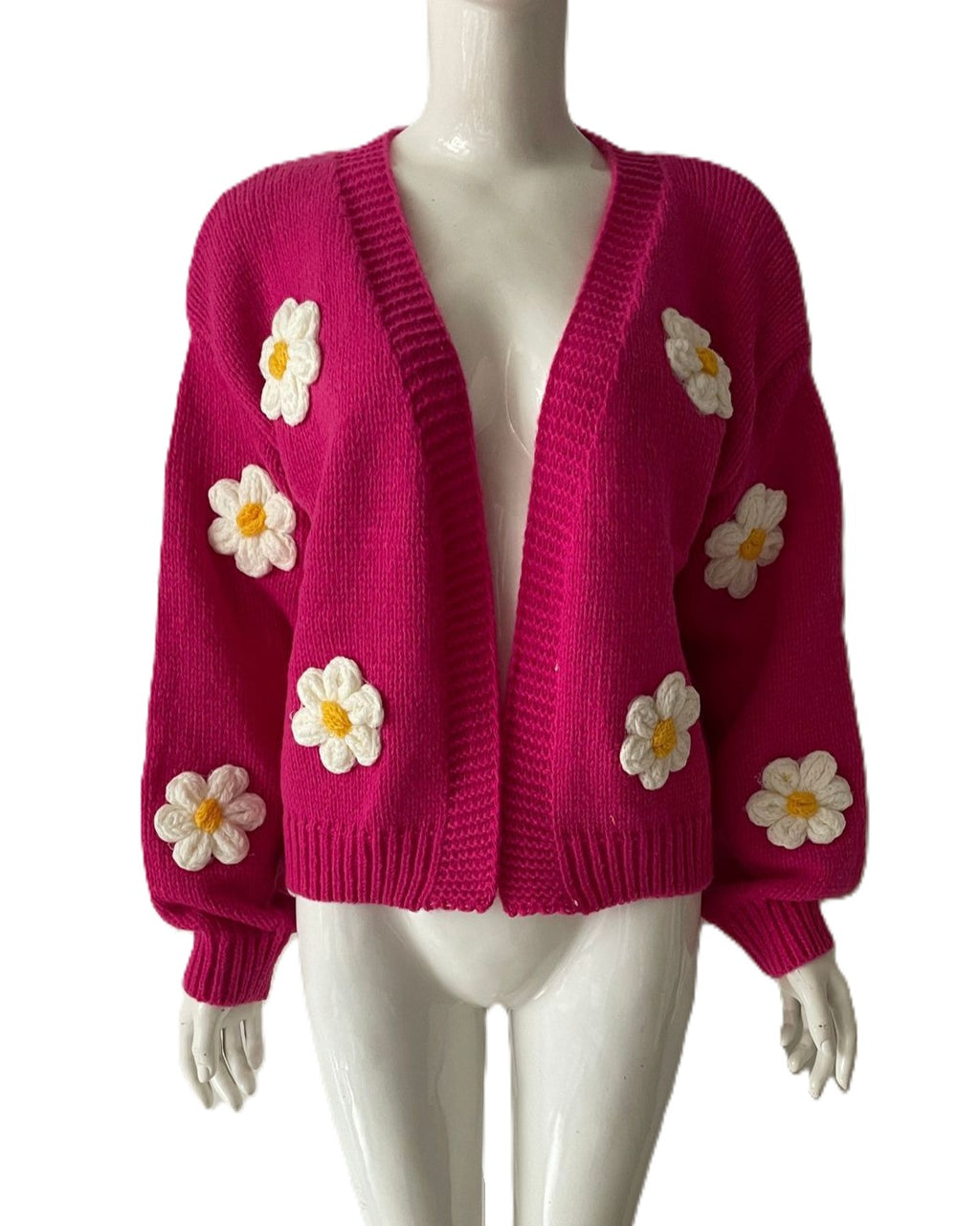 Daisy Applique Drop Shoulder Knit Cardigan - Rose-Red