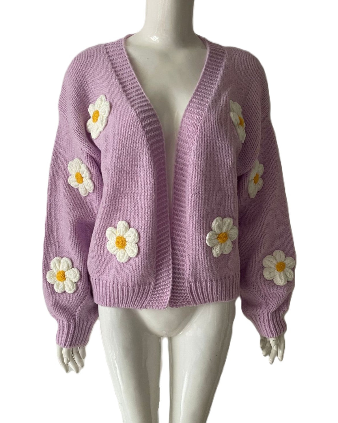 Daisy Applique Drop Shoulder Knit Cardigan - Violet