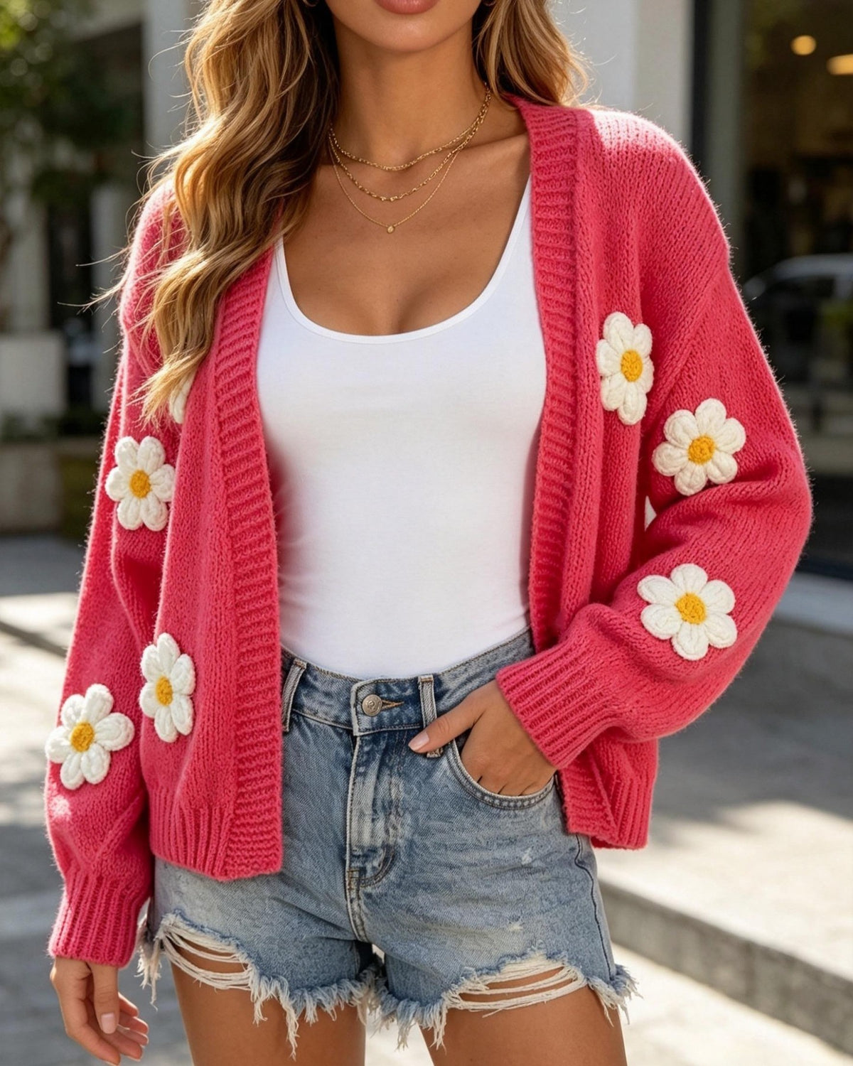 Daisy Applique Drop Shoulder Knit Cardigan