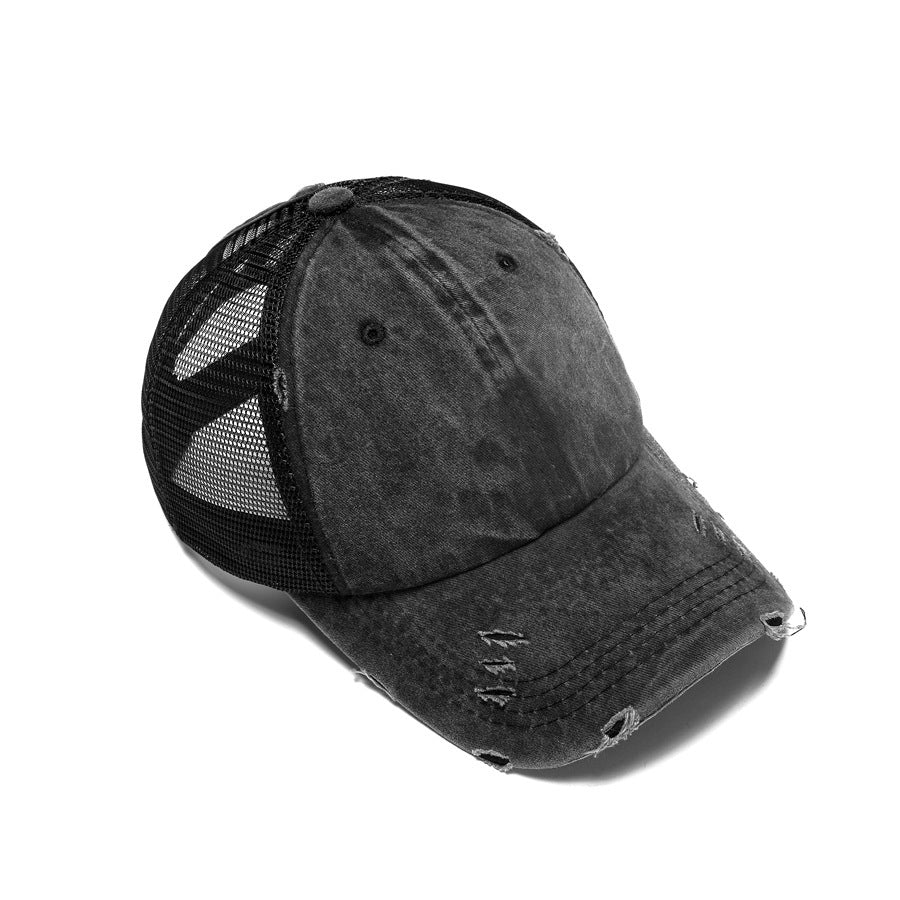 Distressed Washed Ponytail Trucker Cap - Black