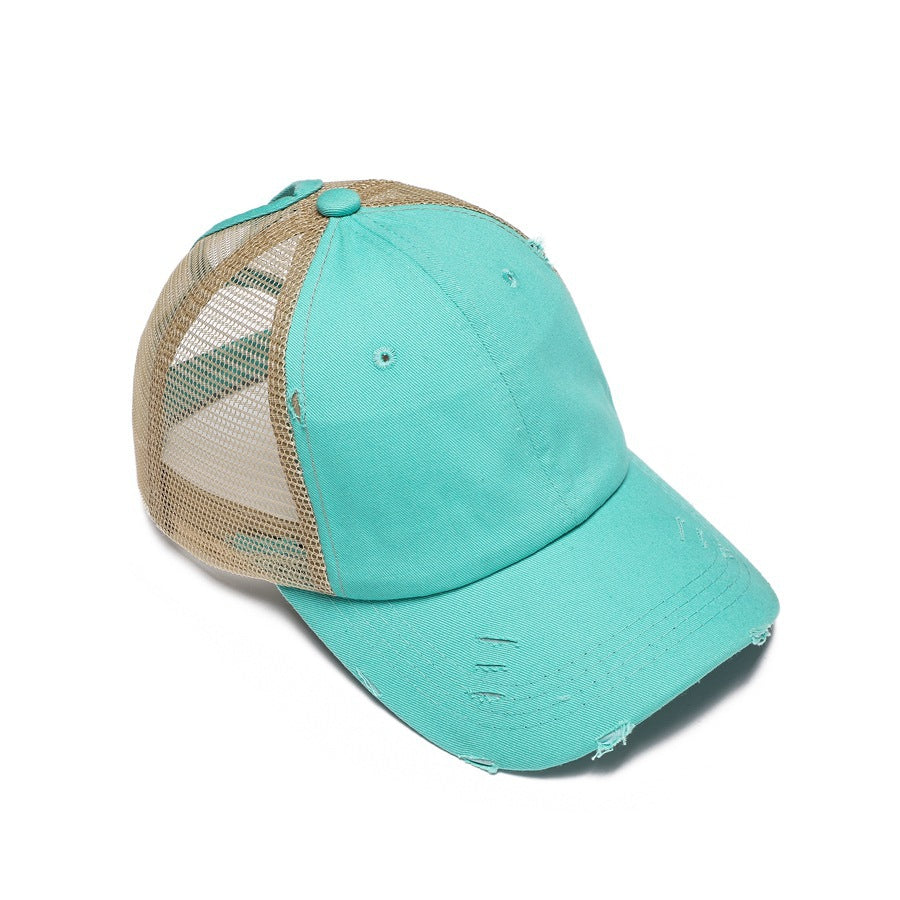 Distressed Washed Ponytail Trucker Cap - Green