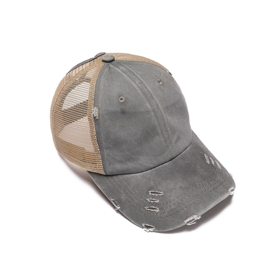 Distressed Washed Ponytail Trucker Cap - Grey