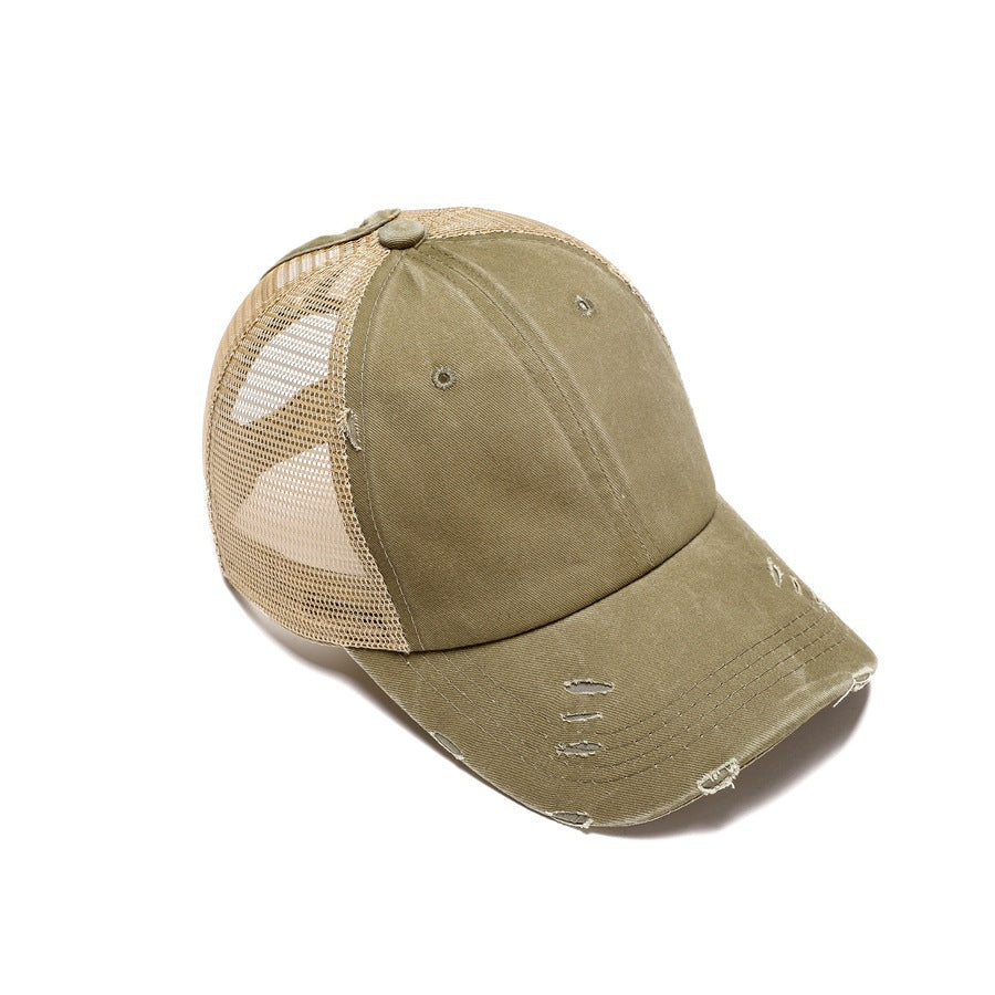Distressed Washed Ponytail Trucker Cap - Khaki