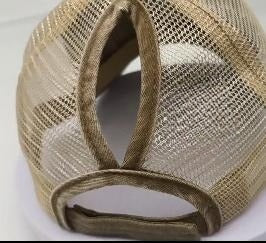 Distressed Washed Ponytail Trucker Cap - Khaki - 1