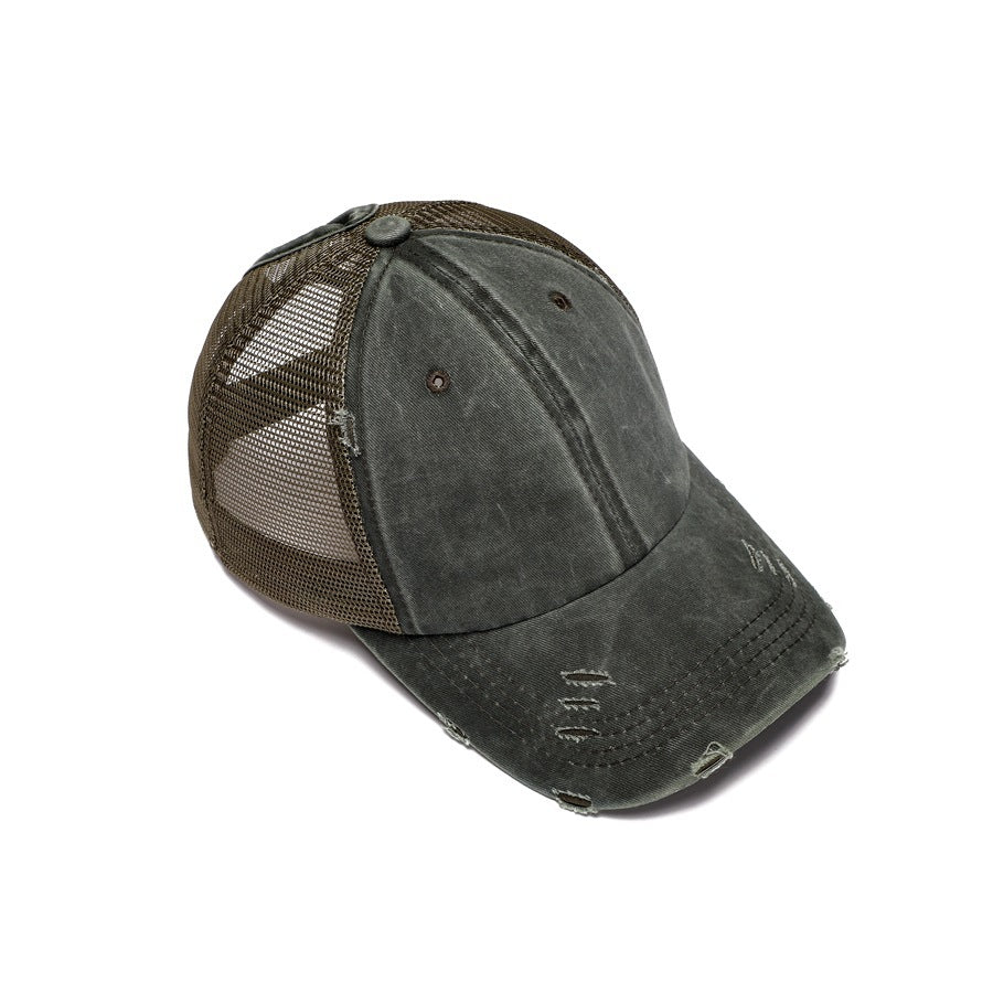 Distressed Washed Ponytail Trucker Cap - MGreen