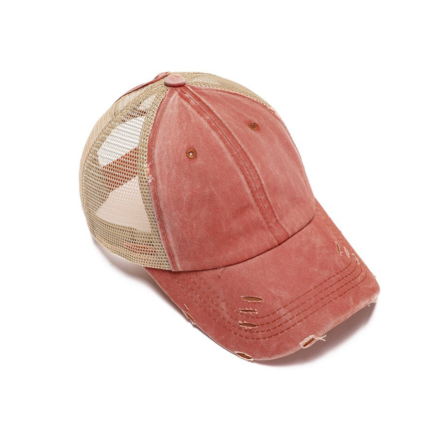 Distressed Washed Ponytail Trucker Cap - Orange