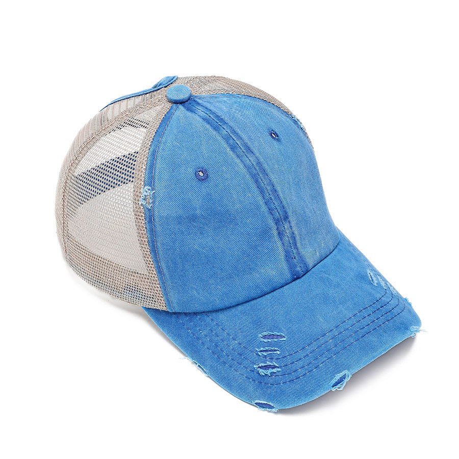 Distressed Washed Ponytail Trucker Cap - SkyBlue