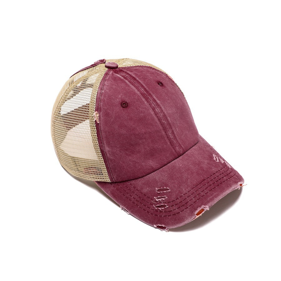 Distressed Washed Ponytail Trucker Cap - Wine_red