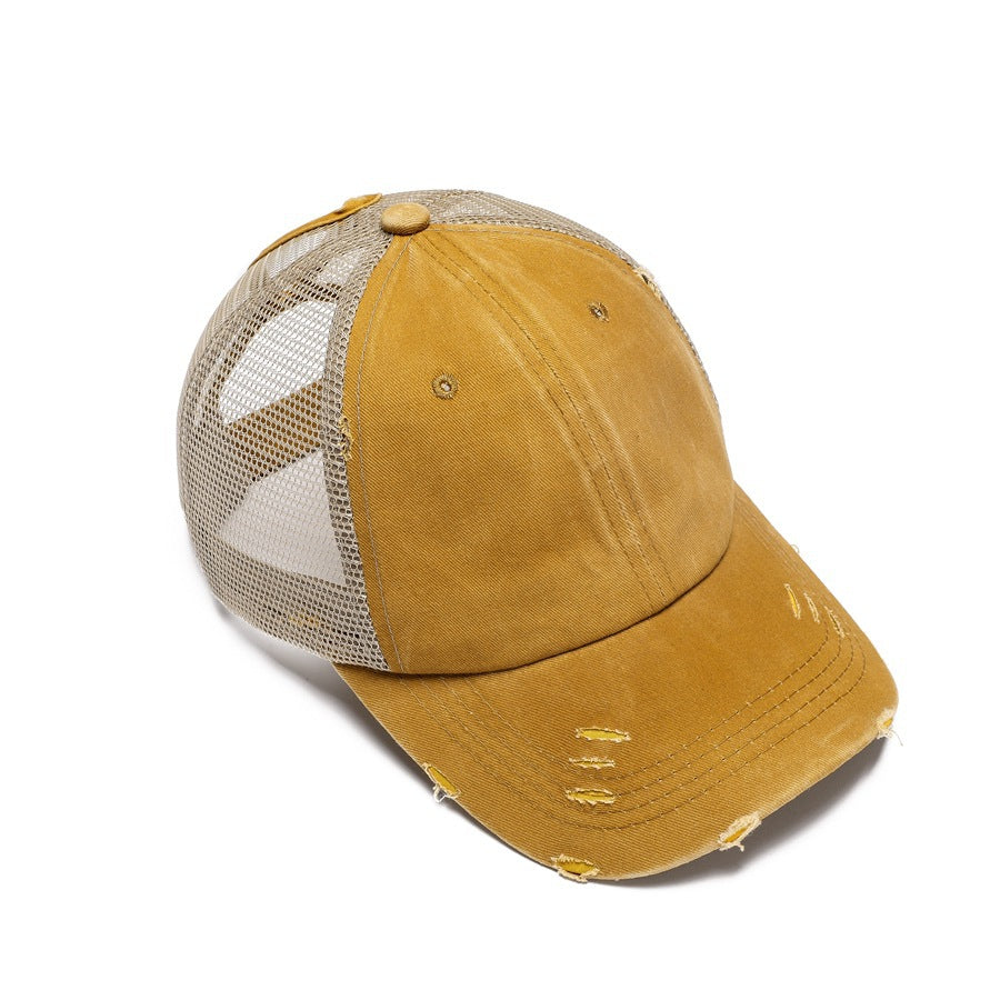 Distressed Washed Ponytail Trucker Cap - Yellow