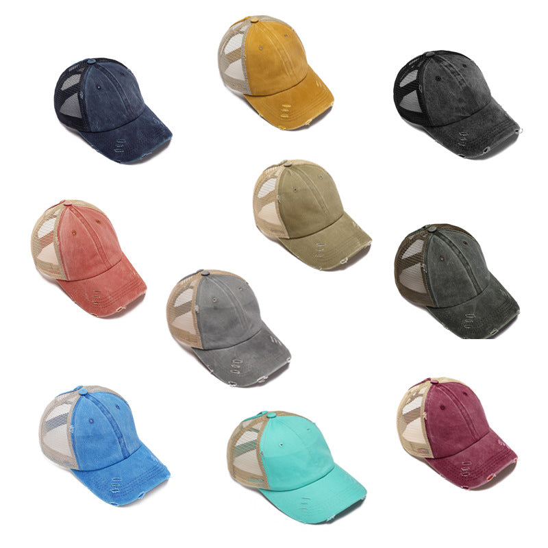Distressed Washed Ponytail Trucker Cap
