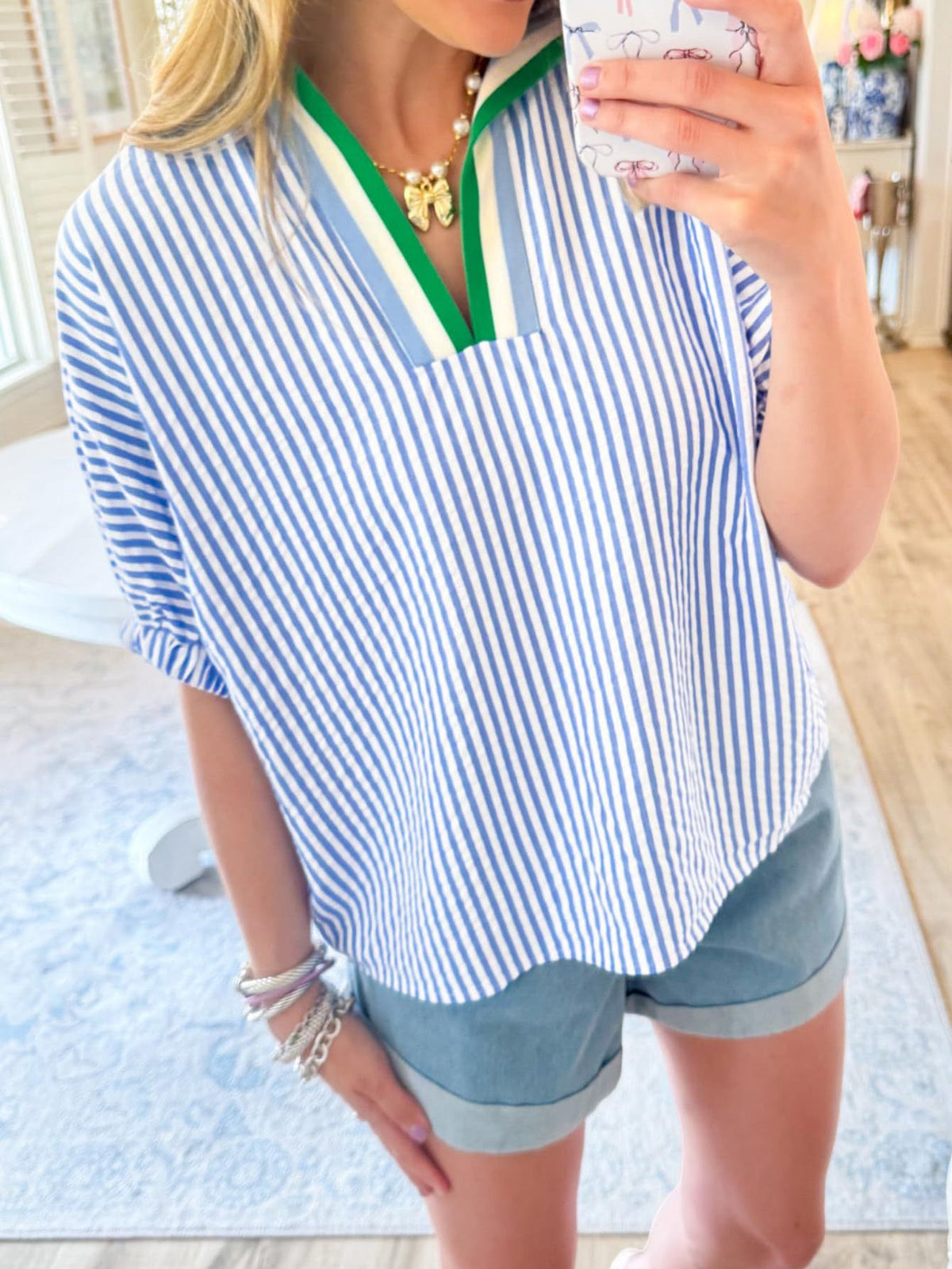 Contrast Trim Striped Collared Oversized Tee - Blue
