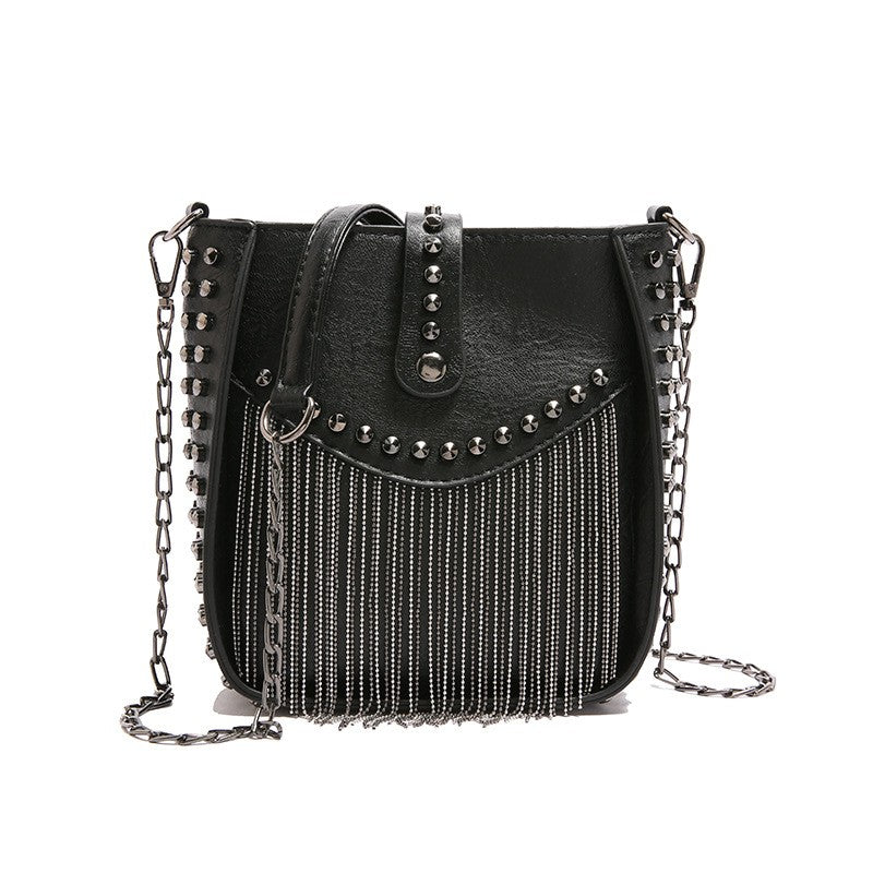 Studded Chain Fringe Crossbody Bag - Black