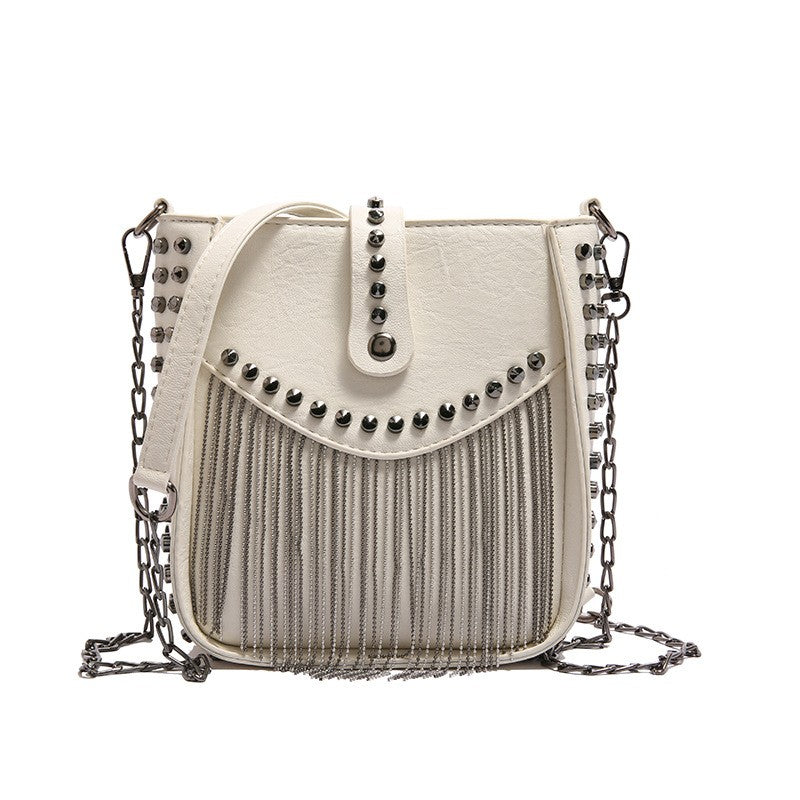 Studded Chain Fringe Crossbody Bag - White