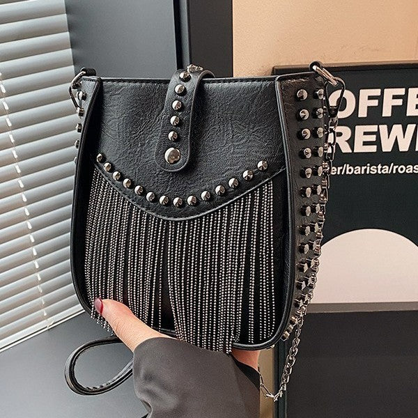 Studded Chain Fringe Crossbody Bag