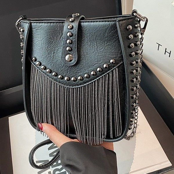 Studded Chain Fringe Crossbody Bag