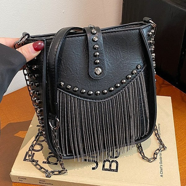 Studded Chain Fringe Crossbody Bag