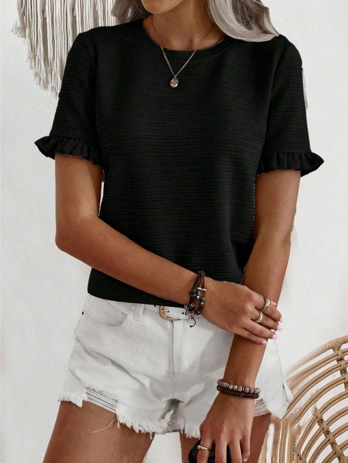 Ruffle Sleeve Textured Knit Blouse - Black