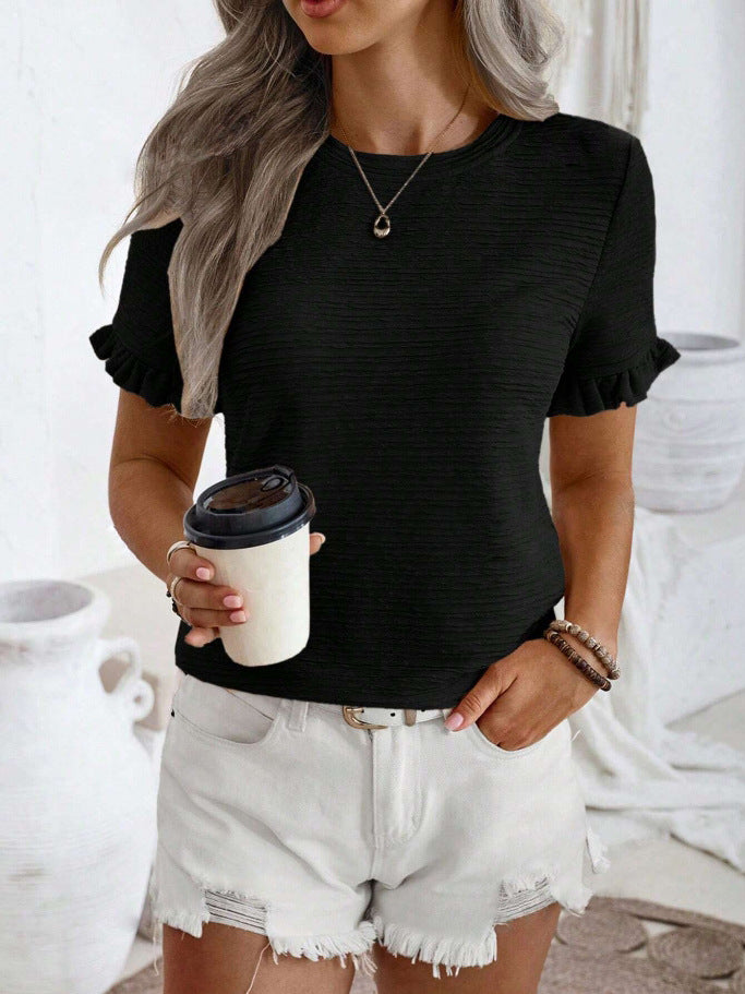 Ruffle Sleeve Textured Knit Blouse - Black - 1