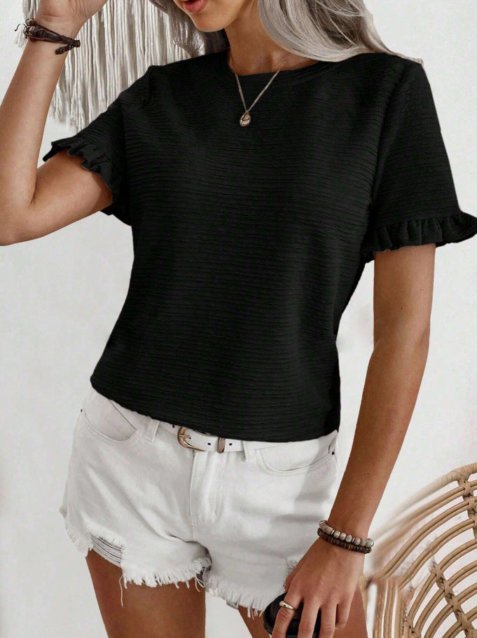 Ruffle Sleeve Textured Knit Blouse - Black - 2