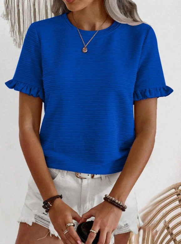 Ruffle Sleeve Textured Knit Blouse - Blue - 1