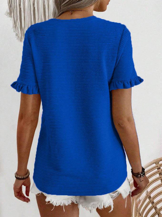 Ruffle Sleeve Textured Knit Blouse - Blue - 2