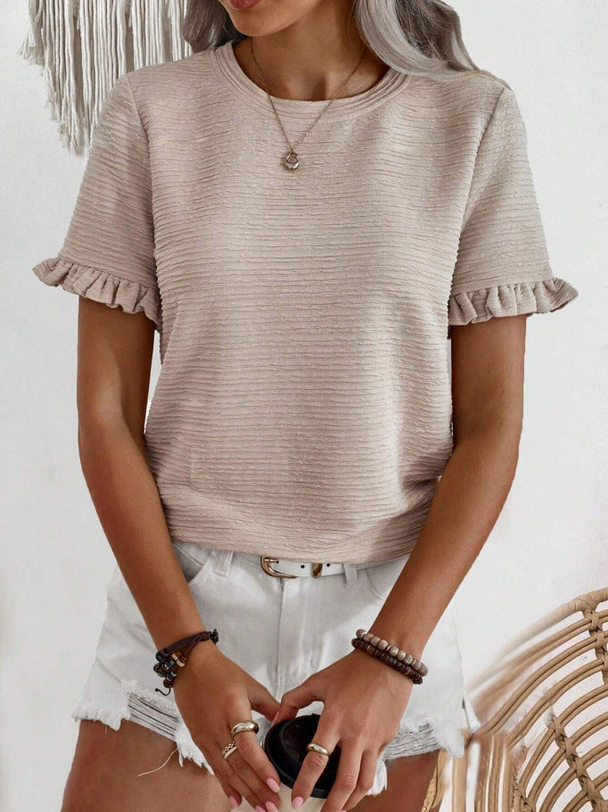 Ruffle Sleeve Textured Knit Blouse - Khaki