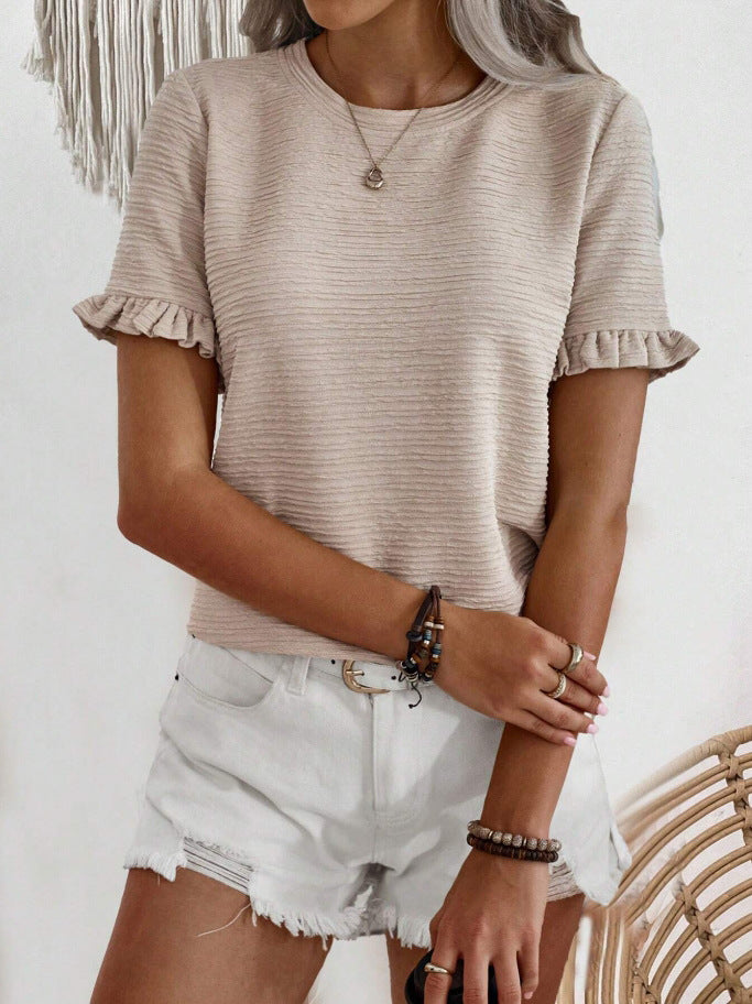 Ruffle Sleeve Textured Knit Blouse - Khaki - 1