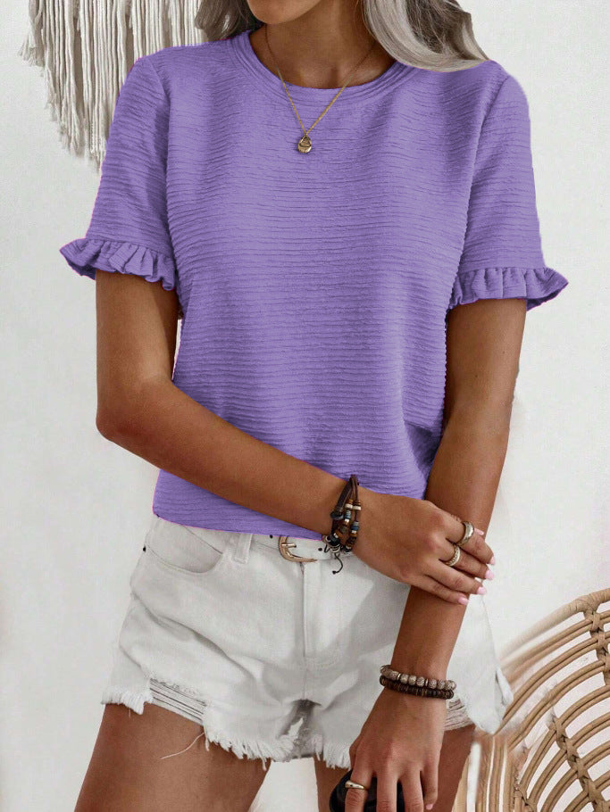 Ruffle Sleeve Textured Knit Blouse - Purple