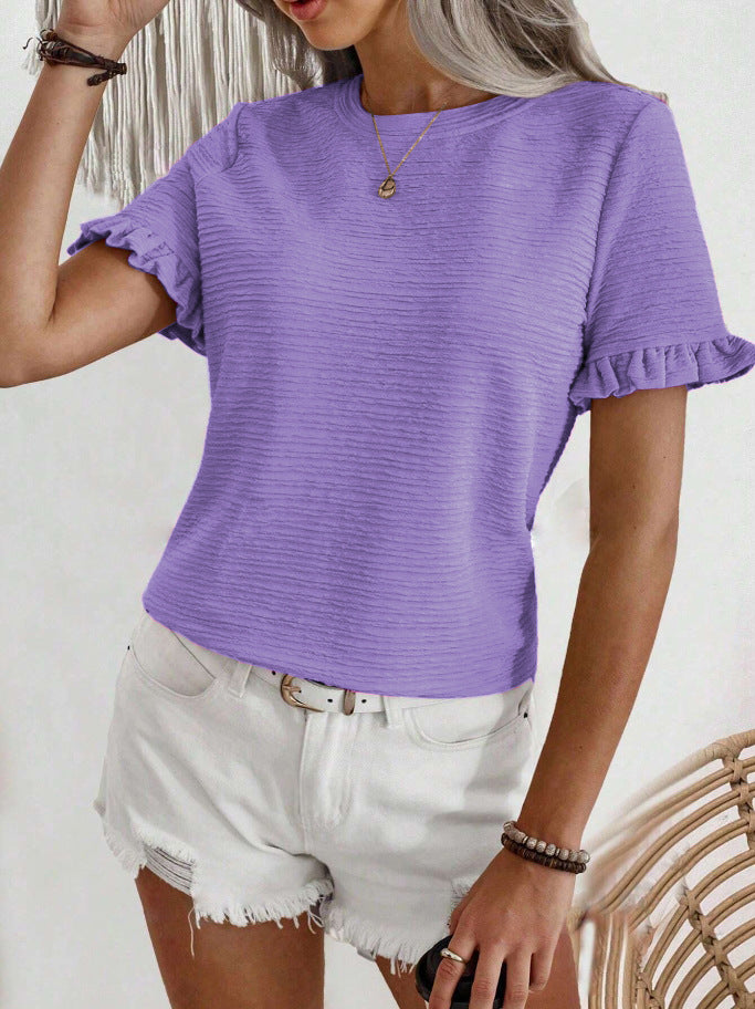 Ruffle Sleeve Textured Knit Blouse - Purple - 1