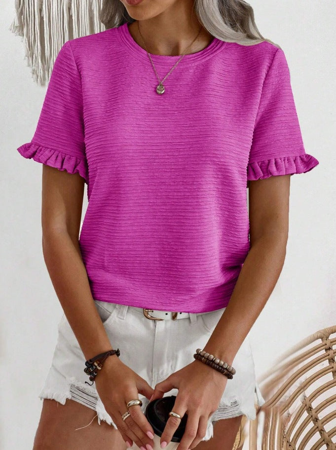 Ruffle Sleeve Textured Knit Blouse - Rosered - 1