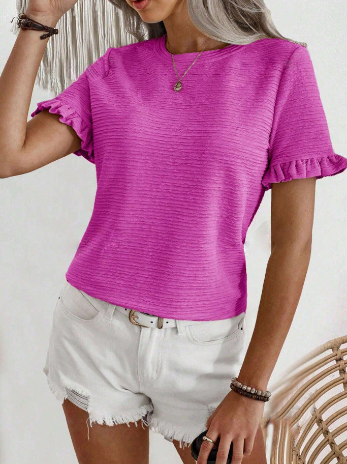 Ruffle Sleeve Textured Knit Blouse - Rosered - 2