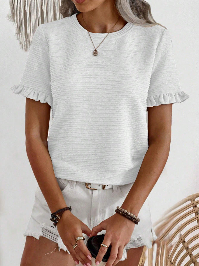 Ruffle Sleeve Textured Knit Blouse - White