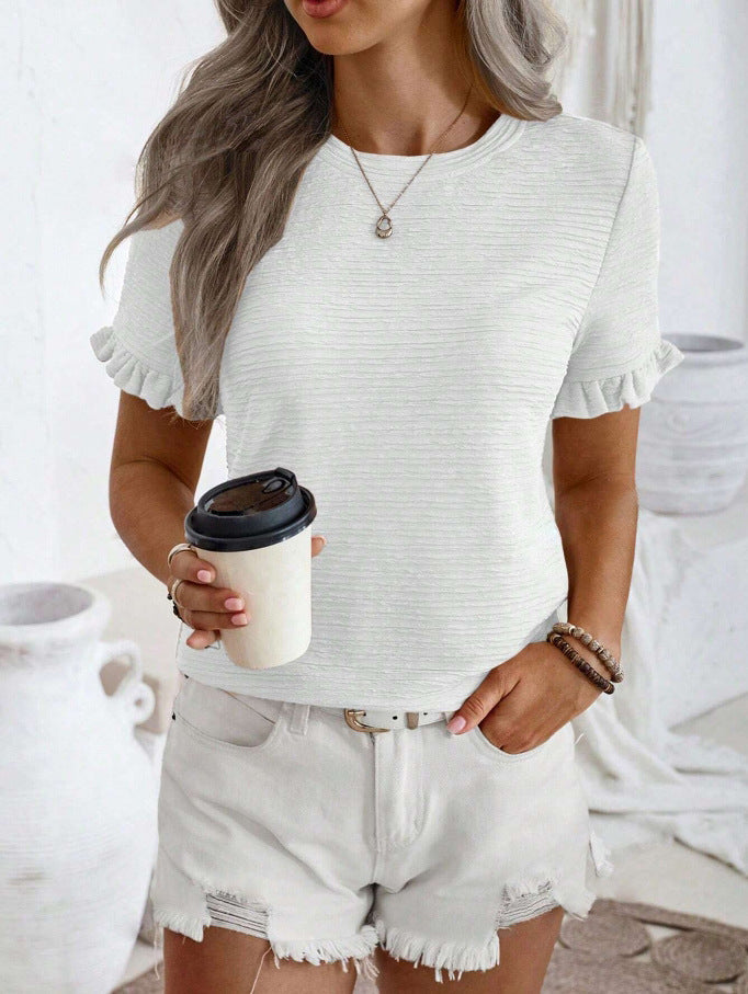 Ruffle Sleeve Textured Knit Blouse - White - 2