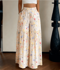 Ditsy Floral Wide Leg Pants With Tiered Hem - Apricot